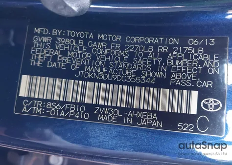 2013 Toyota Prius Two from USA, damaged, VIN JTDKN3DU9D0355344
